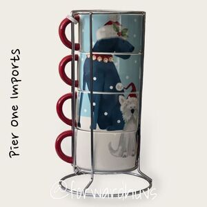 Pier One Imports Christmas Dog Stackable Tea / Coffee Mugs and Rack